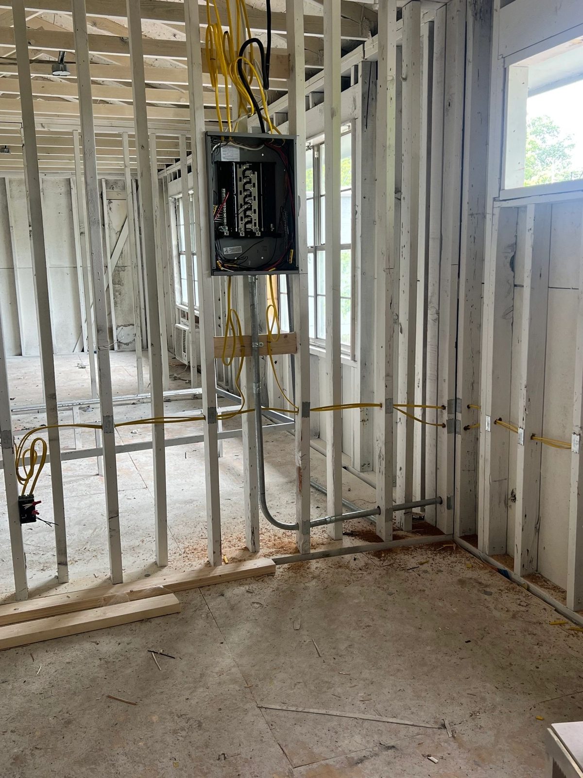 Framed room with rough-in wiring and a new panel